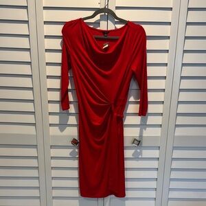 Ann Taylor NWT Faux Wrap Red Ruched Midi Dress Cowl Neck.